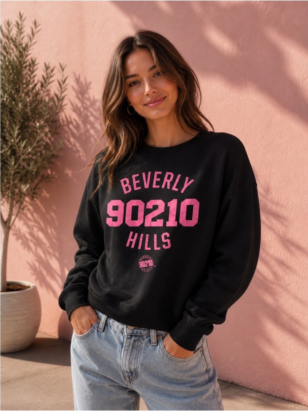 Black Beverly 90210 Hills Crewneck Sweatshirt - Pink Logo